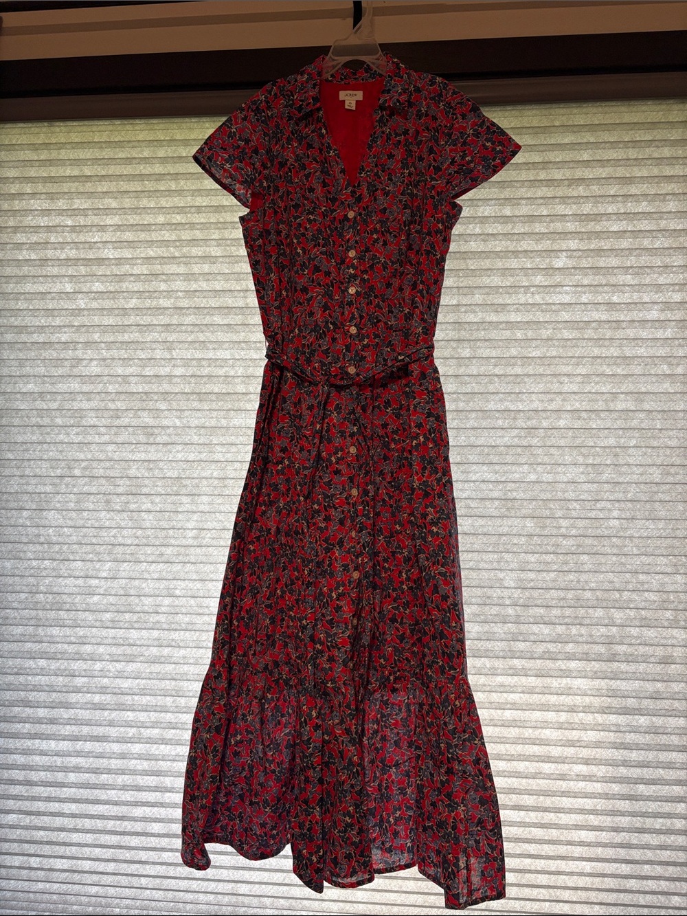 J. Crew Red Floral Button-Front Maxi Dress with Tie Waist